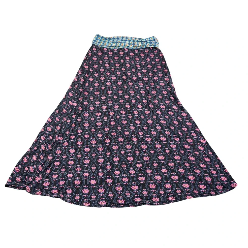 Natural Life Floral Maxi Skirt Black Pink Boho Fold Over Waist Stretch Medium